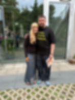 Picture shows ENGin volunteer Carrie Getz with her ENGin student and fashion designer Mitya at Berlin Fashion Week